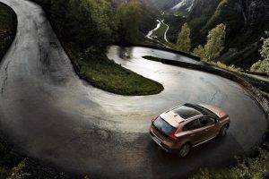 car, Volvo, Road, Landscape, River, Mountain, Trees