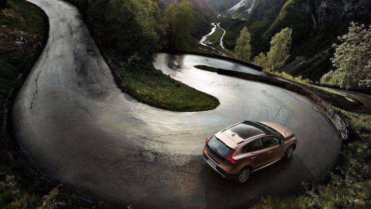 car, Volvo, Road, Landscape, River, Mountain, Trees HD Wallpaper Desktop Background