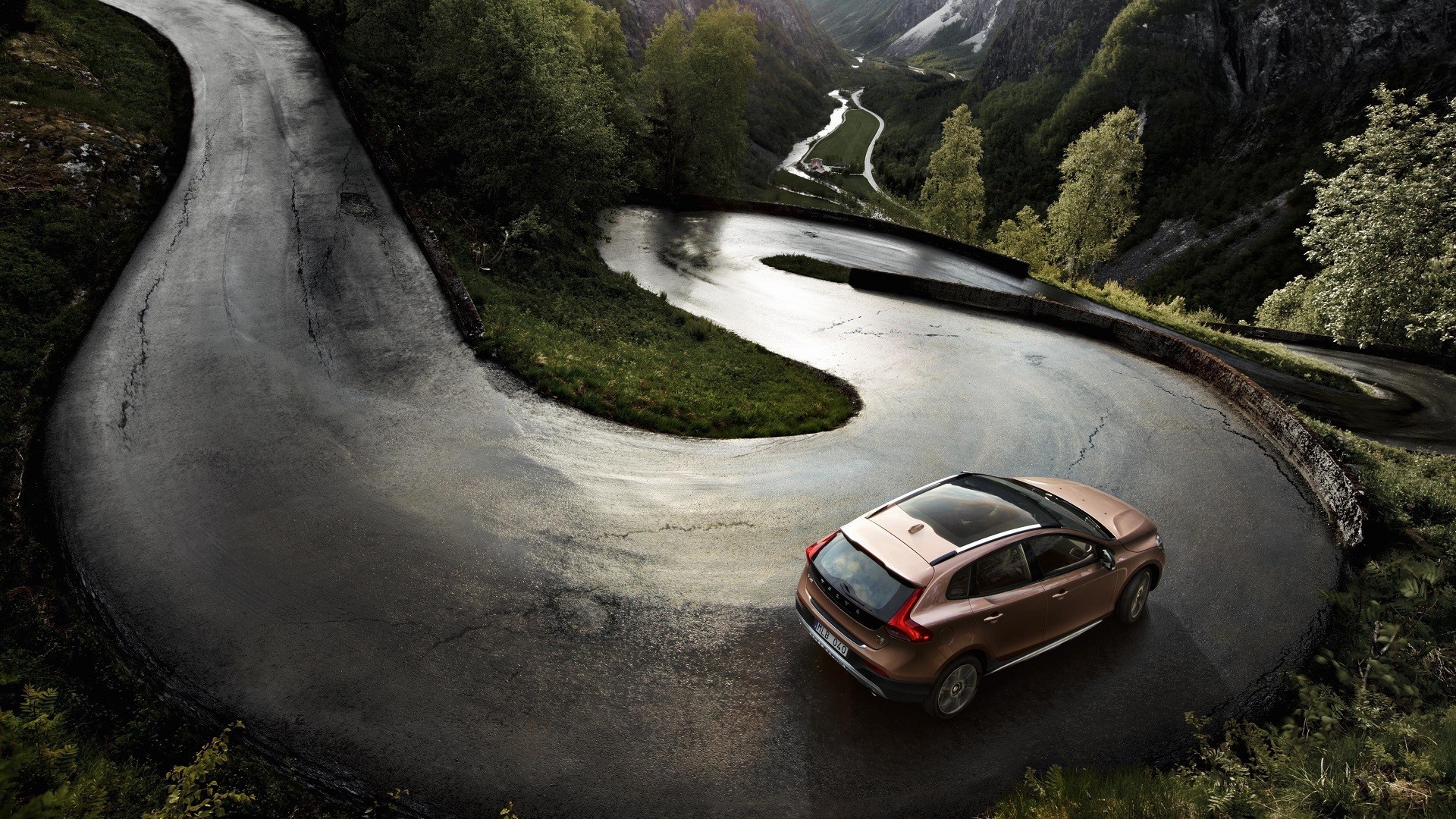car, Volvo, Road, Landscape, River, Mountain, Trees Wallpaper