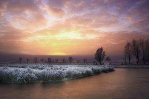 landscape, Nature, Frost, Sunrise, Winter, Germany, Trees, Sky, Clouds, River