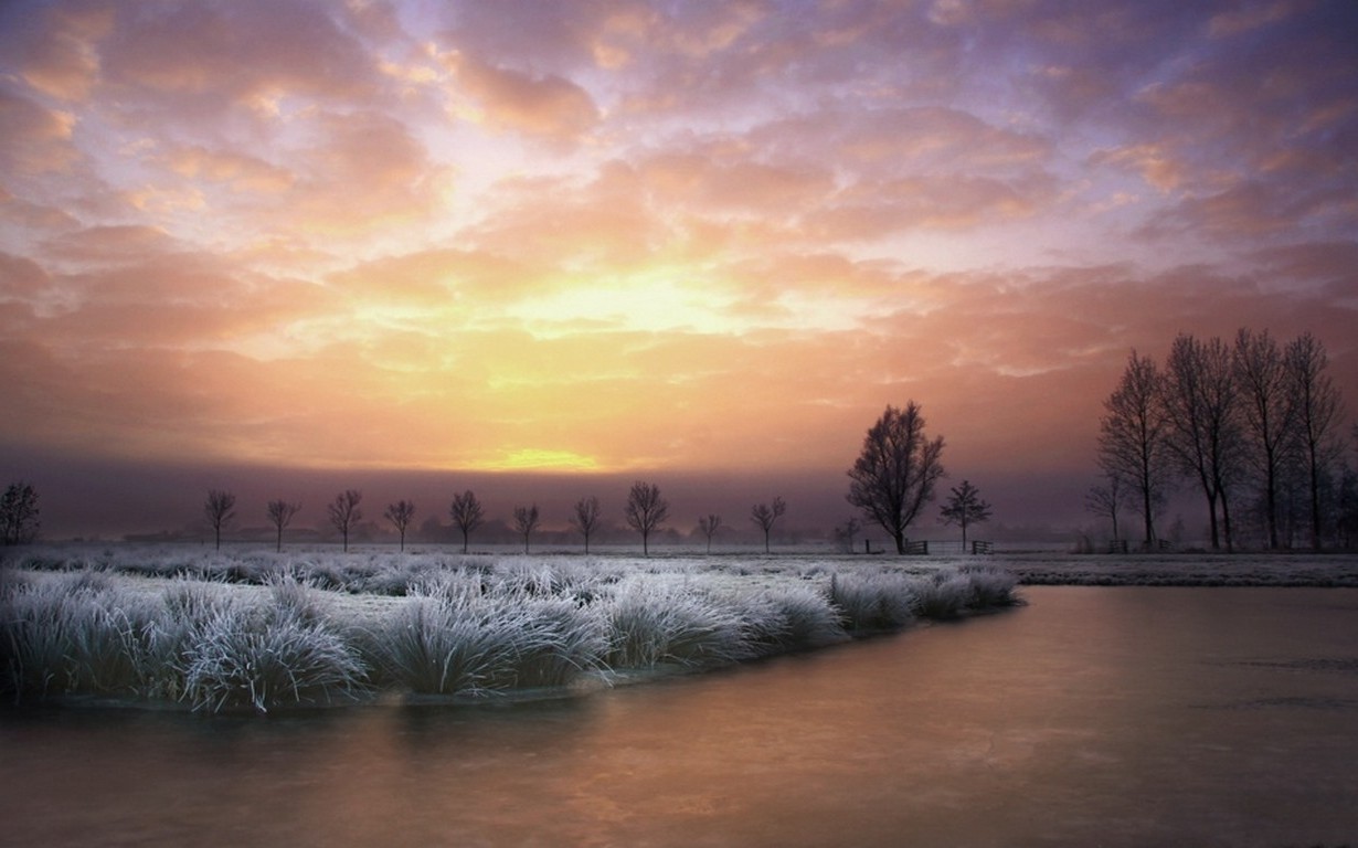 landscape, Nature, Frost, Sunrise, Winter, Germany, Trees, Sky, Clouds, River Wallpaper