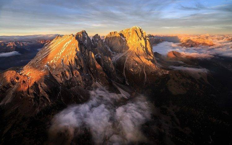 landscape, Nature, Mountain, Sunrise, Alps, Dolomites (mountains), Italy, Aerial View, Clouds HD Wallpaper Desktop Background