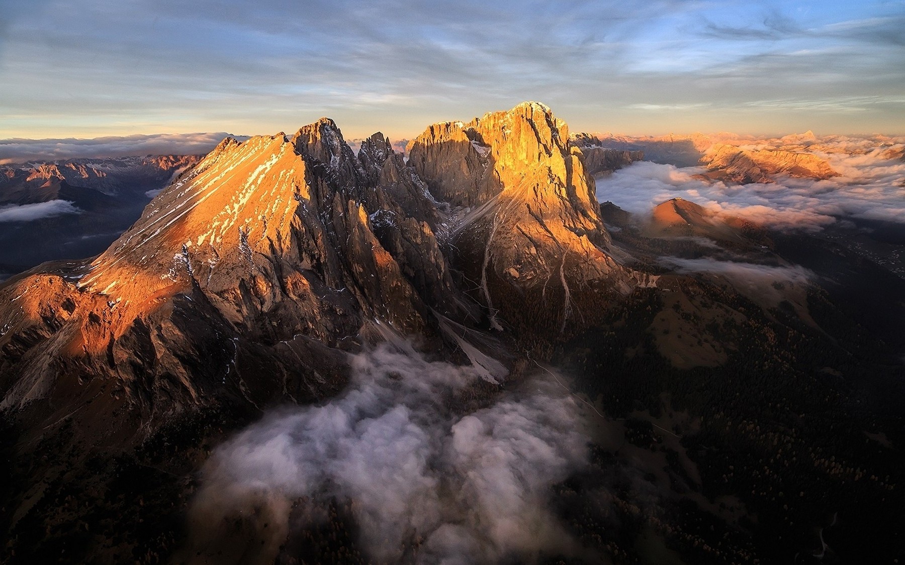 landscape, Nature, Mountain, Sunrise, Alps, Dolomites (mountains), Italy, Aerial View, Clouds Wallpaper