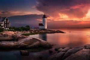 nature, Landscape, Sunset, Lighthouse, Massachusetts, Sky, Coast, Sea, Clouds, Long Exposure