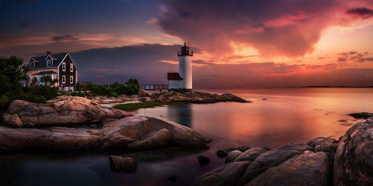 nature, Landscape, Sunset, Lighthouse, Massachusetts, Sky, Coast, Sea, Clouds, Long Exposure HD Wallpaper Desktop Background