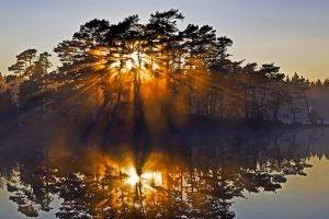 nature, Landscape, Sunrise, Island, Reflection, Lake, Sun Rays, Trees, Mist, Sweden, Water