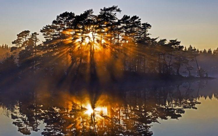 nature, Landscape, Sunrise, Island, Reflection, Lake, Sun Rays, Trees, Mist, Sweden, Water HD Wallpaper Desktop Background
