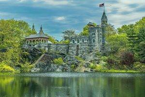 nature, Landscape, Stones, Park, New York City, USA, Building, Flag, American Flag, Trees, Rock, Water, Lake, Clouds, Tower, People, HDR, Castle, Manhattan