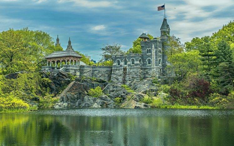 nature, Landscape, Stones, Park, New York City, USA, Building, Flag, American Flag, Trees, Rock, Water, Lake, Clouds, Tower, People, HDR, Castle, Manhattan HD Wallpaper Desktop Background