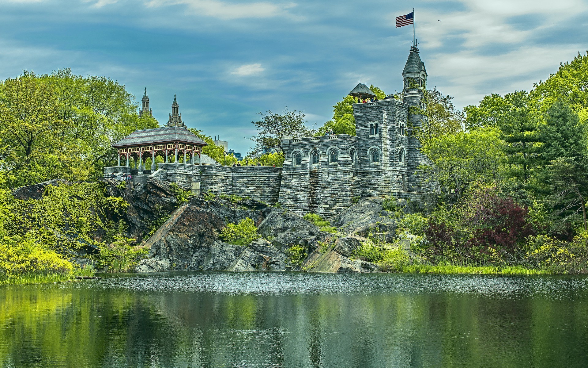 nature, Landscape, Stones, Park, New York City, USA, Building, Flag, American Flag, Trees, Rock, Water, Lake, Clouds, Tower, People, HDR, Castle, Manhattan Wallpaper