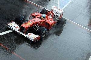 Fernando Alonso, Ferrari, Formula 1, Ferrari Formula 1, Car, Wet, Road, Rain, Water Drops, Race Cars
