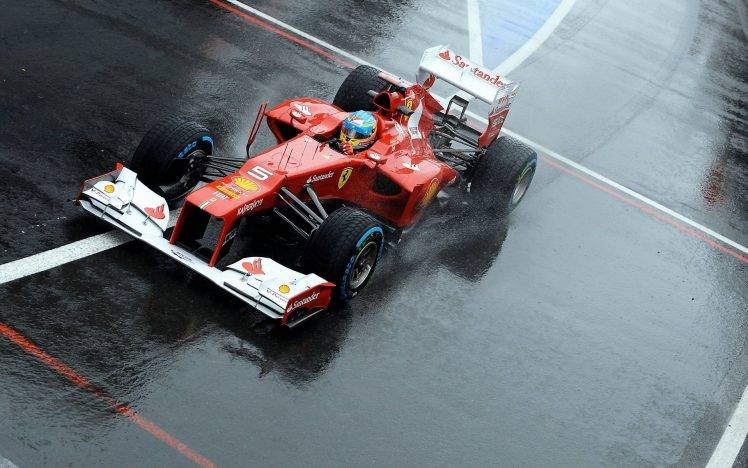 Fernando Alonso, Ferrari, Formula 1, Ferrari Formula 1, Car, Wet, Road, Rain, Water Drops, Race Cars HD Wallpaper Desktop Background