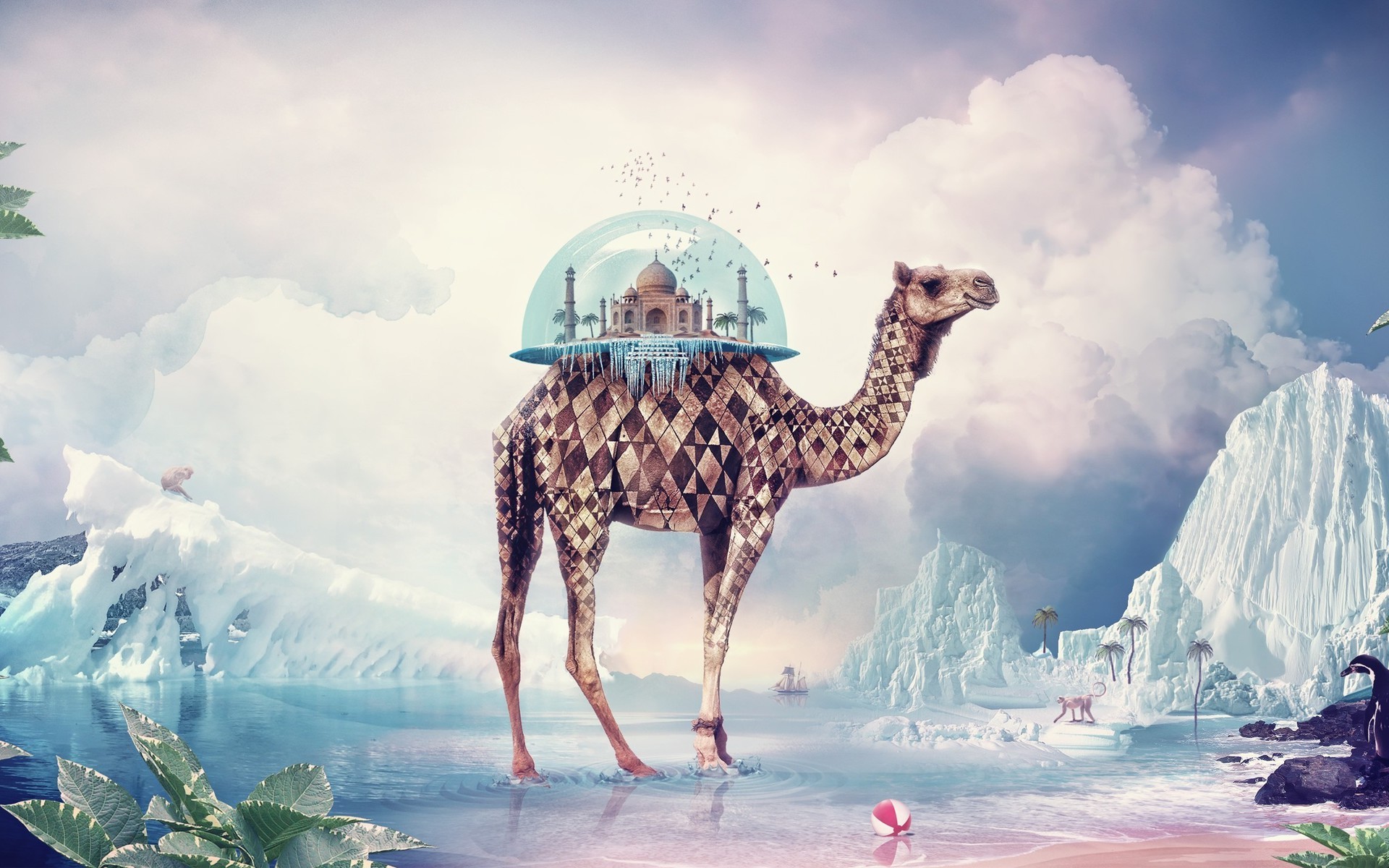 animals, Digital Art, Camels, Artwork, Surreal, Taj Mahal, Birds, Sphere, Iceberg, Clouds, Leaves, Palm Trees, Sailing Ships, Monkeys, Sea, Sand, Beach, Ball, Rock, Waves, Nature Wallpaper