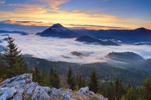 landscape, Nature, Mountain, Snowy Peak, Forest, Mist, Clouds, Sunset, Sky, Austria, Valley, Trees, Europe, Pine Trees, Rock