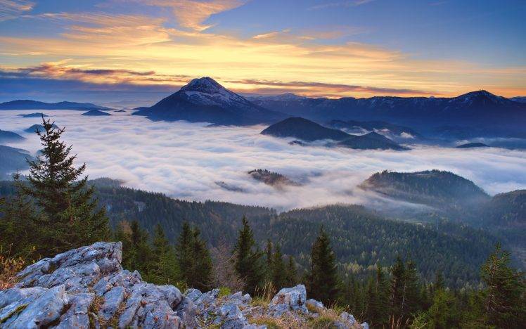 landscape, Nature, Mountain, Snowy Peak, Forest, Mist, Clouds, Sunset, Sky, Austria, Valley, Trees, Europe, Pine Trees, Rock HD Wallpaper Desktop Background