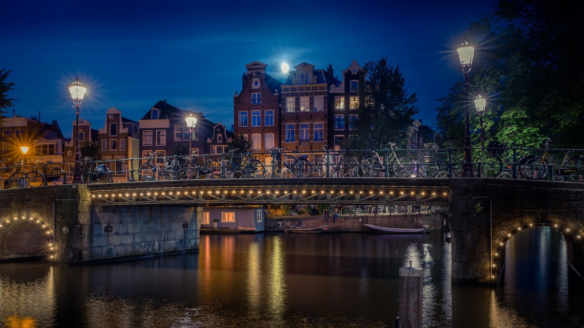 landscape, Nature, Amsterdam, Bridge, Lights, Lantern, Canal, Moon, Trees, Building, House, Urban, Bicycle, Evening, Water Wallpaper