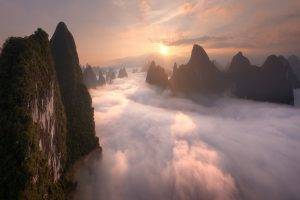 nature, Landscape, Sunrise, Mountain, Mist, Clouds, China, Sky