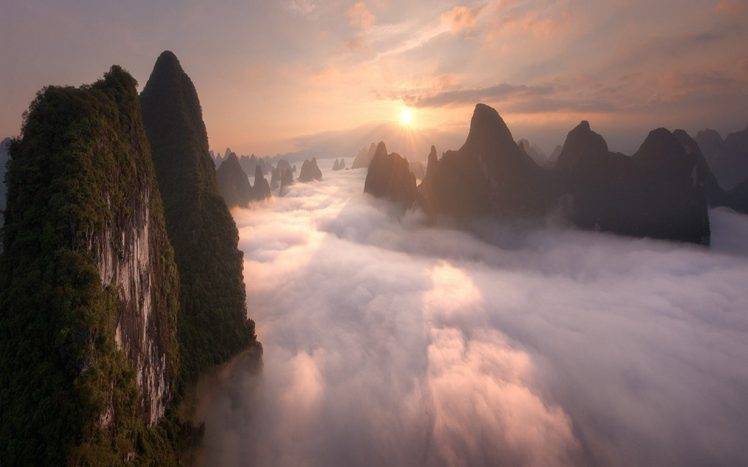 nature, Landscape, Sunrise, Mountain, Mist, Clouds, China, Sky HD Wallpaper Desktop Background