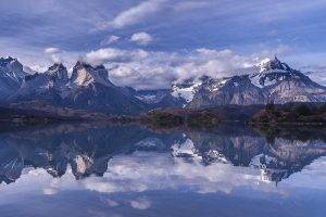 nature, Landscape, Summer, Mountain, Morning, Reflection, Lake, Water, Clouds, Torres Del Paine, Chile, Snowy Peak, Patagonia, Trees