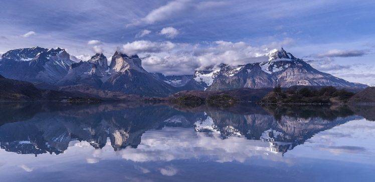 nature, Landscape, Summer, Mountain, Morning, Reflection, Lake, Water, Clouds, Torres Del Paine, Chile, Snowy Peak, Patagonia, Trees HD Wallpaper Desktop Background