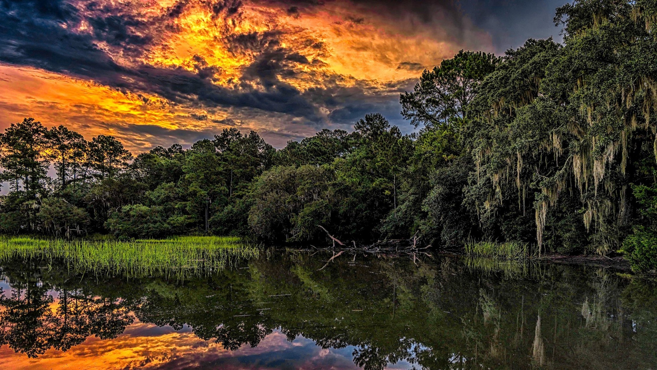 nature, Landscape, Sunset, HDR, River, Reflection, Summer, South Carolina, Clouds, Forest, Sky, Water, Trees, Foliage, Reeds Wallpaper