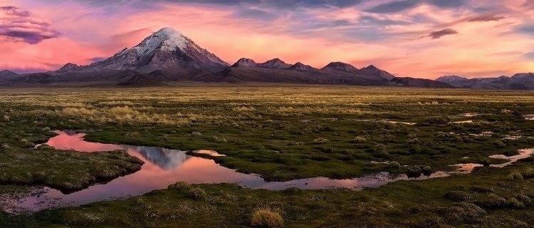 nature, Landscape, Sunset, Mountain, Panoramas, Desert, Sky, Snowy Peak, Wetland, Clouds, Plateau, Bolivia HD Wallpaper Desktop Background