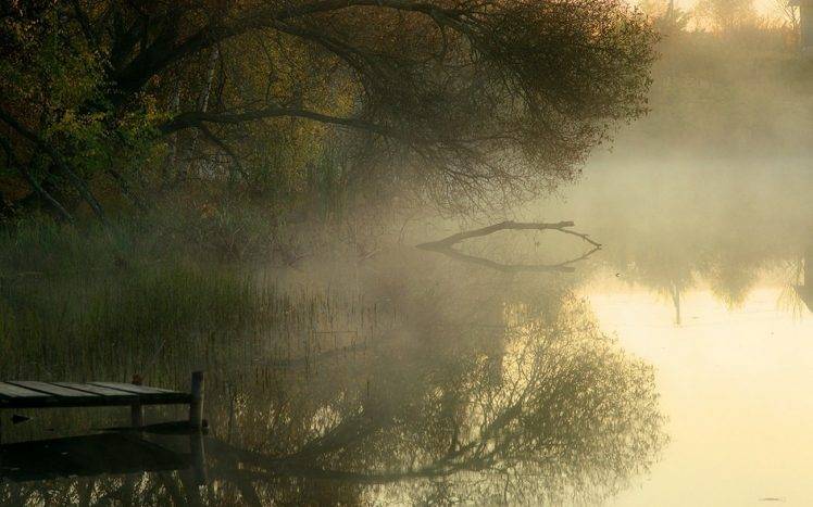 landscape, Nature, Lake, Dock, Trees, Mist, Reeds, Sunrise, Morning, Russia, Water, Reflection, Calm HD Wallpaper Desktop Background