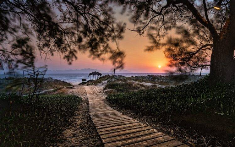landscape, Nature, Island, Path, Walkway, Beach, Sunset, Trees, Shrubs, Sea, Greece, Sand HD Wallpaper Desktop Background