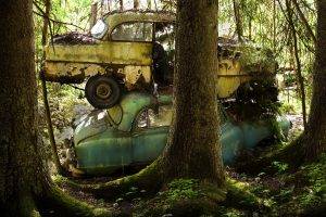 car, Wreck, Vehicle, Trees