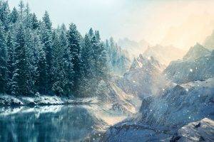 nature, Snow, Lake, Trees