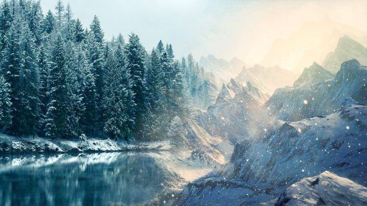 nature, Snow, Lake, Trees HD Wallpaper Desktop Background