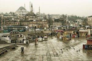 city, Istanbul, Turkey, Mosques, Architecture, Islamic Architecture, Building, Buses, Town Square, Car, Pigeons, Bench, Stairs, Overcast