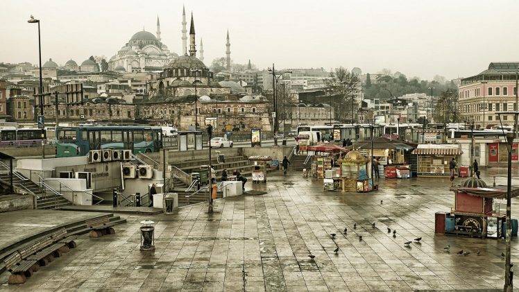 city, Istanbul, Turkey, Mosques, Architecture, Islamic Architecture, Building, Buses, Town Square, Car, Pigeons, Bench, Stairs, Overcast HD Wallpaper Desktop Background