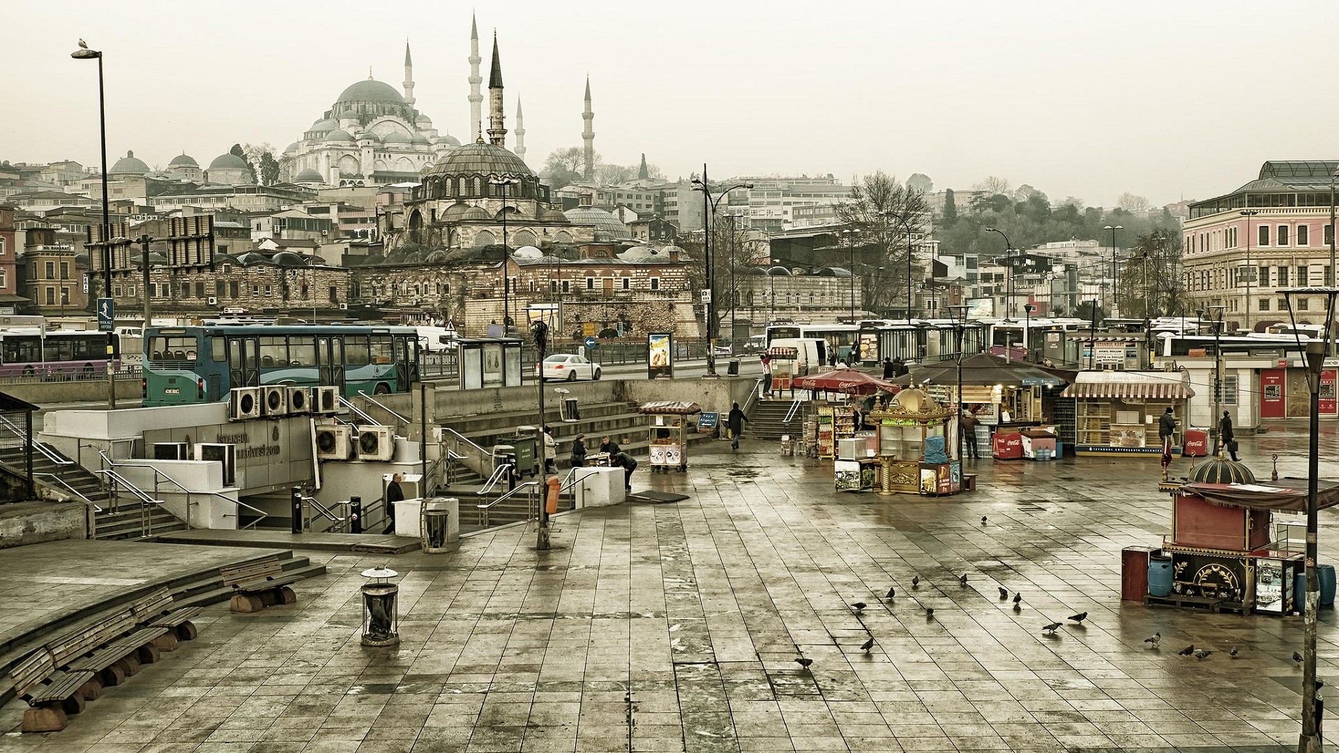 city, Istanbul, Turkey, Mosques, Architecture, Islamic Architecture, Building, Buses, Town Square, Car, Pigeons, Bench, Stairs, Overcast Wallpaper
