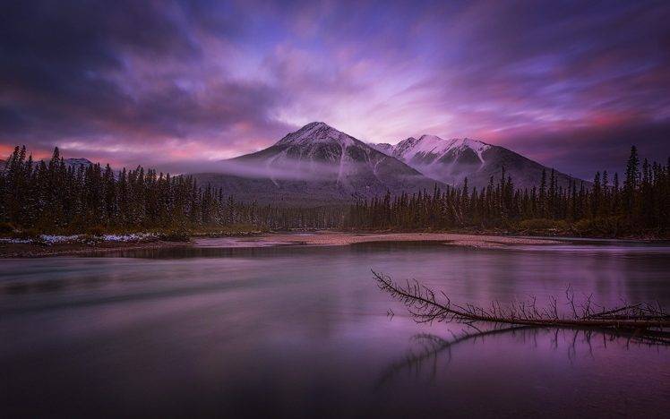 nature, Landscape, Calm, Lake, Mist, Banff National Park, Mountain, Canada, Sunrise, Forest, Clouds, Snowy Peak, Sky, Water HD Wallpaper Desktop Background