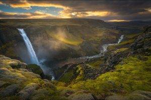 nature, Landscape, Waterfall, Canyon, River, Sunset, Clouds, Mist, Grass, Summer, Iceland, Sky