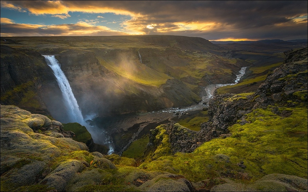 nature, Landscape, Waterfall, Canyon, River, Sunset, Clouds, Mist, Grass, Summer, Iceland, Sky Wallpaper
