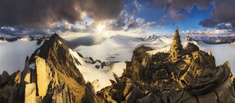 nature, Landscape, Mountain, Snow, Clouds, Panoramas, Sunset, Sky, Sun Rays, Mist, Horizon, Summit HD Wallpaper Desktop Background