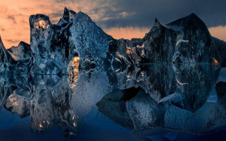 nature, Landscape, Iceberg, Reflection, Sculpture, Water, Sunset, Blue, Sky, Clouds, Cold HD Wallpaper Desktop Background