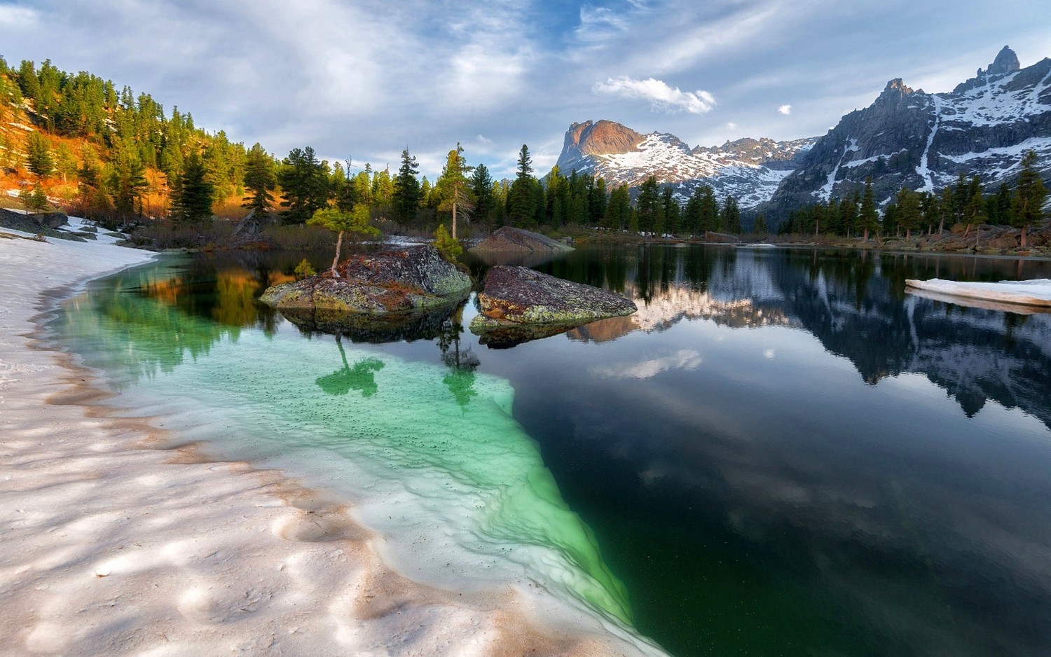 landscape, Nature, Siberia, Summer, Mountain, Forest, Snowy Peak, Lake, Reflection, Clouds, Water, Russia Wallpaper