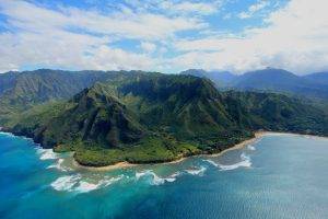 nature, Landscape, Island, Aerial View, Mountain, Kauai, Beach, Sea, Clouds