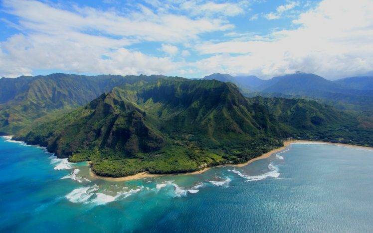nature, Landscape, Island, Aerial View, Mountain, Kauai, Beach, Sea, Clouds HD Wallpaper Desktop Background