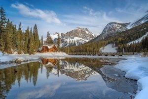nature, Landscape, Lake, Cabin, Winter, Mountain, Snow, Reflection, Forest, Sunset, British Columbia, Water