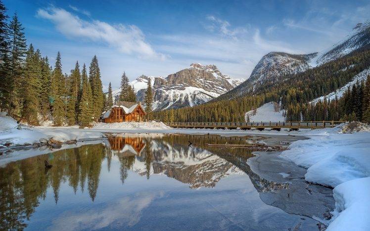 nature, Landscape, Lake, Cabin, Winter, Mountain, Snow, Reflection, Forest, Sunset, British Columbia, Water HD Wallpaper Desktop Background