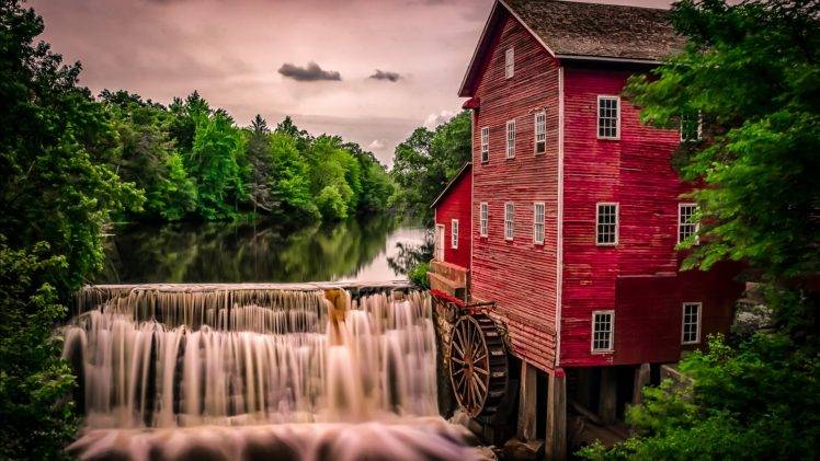 nature, Landscape, Architecture, Building, Water, Trees, Mill, House, Old Building, Lake, Clouds, Waterfall, Forest, Long Exposure HD Wallpaper Desktop Background