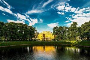 nature, Landscape, Architecture, Trees, Forest, Russia, Lake, Palace, Park, Swans, Grass, Clouds, People