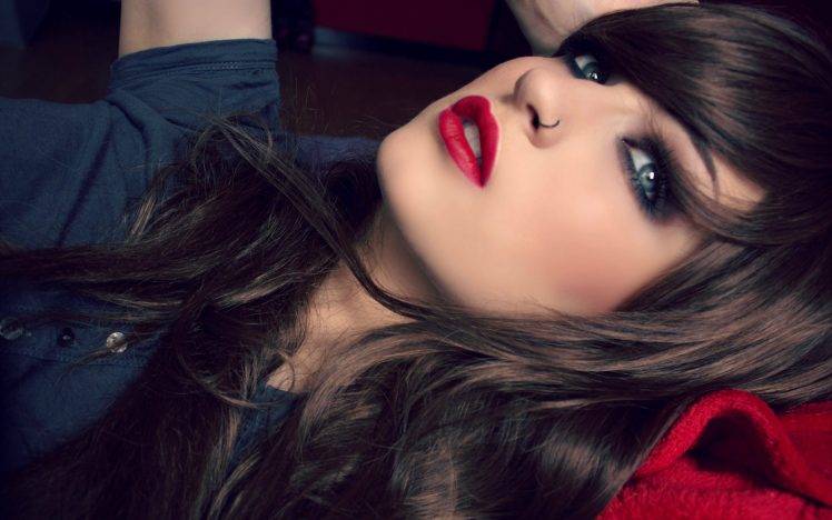 women, Lipstick, Red, Blue, Face, Brunette, Long Hair, Piercing, Nose Rings HD Wallpaper Desktop Background