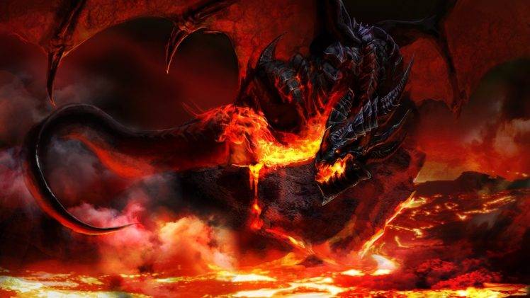 dragon, Fire, Dragon Wings, Wings, Fantasy Art, World Of Warcraft, Video Games, Deathwing HD Wallpaper Desktop Background