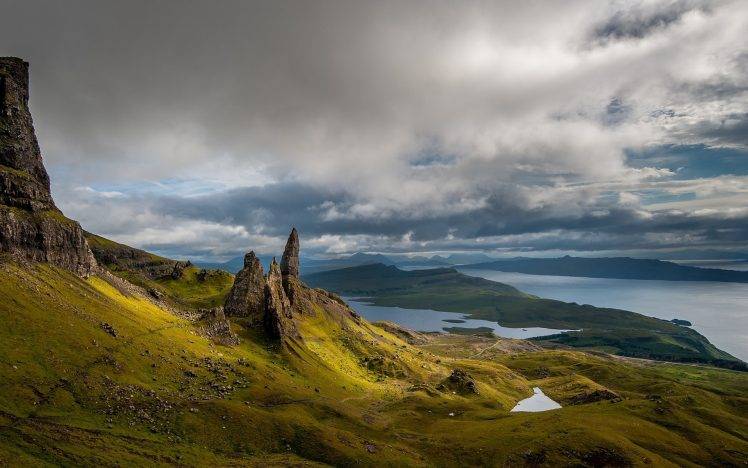 nature, Landscape, Old Man Of Storr, Scotland, Island, Skye, Sea, Lake, Mountain, Clouds, Grass HD Wallpaper Desktop Background