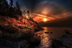 nature, Landscape, Sunset, Sea, Coast, Lighthouse, Sky, Halo, HDR, Trees, Rock, Maine